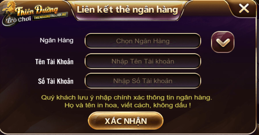 Điền các thông tin rút tiền Thiên Đường Trò Chơi