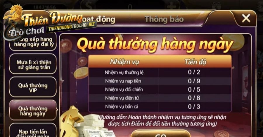 Quà thưởng hàng ngày với các nhiệm vụ theo các cấp